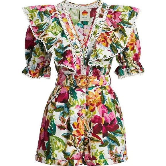 Farm Rio Painted Flowers RomperBelted Floral Puff Sleeve Size Small New $250